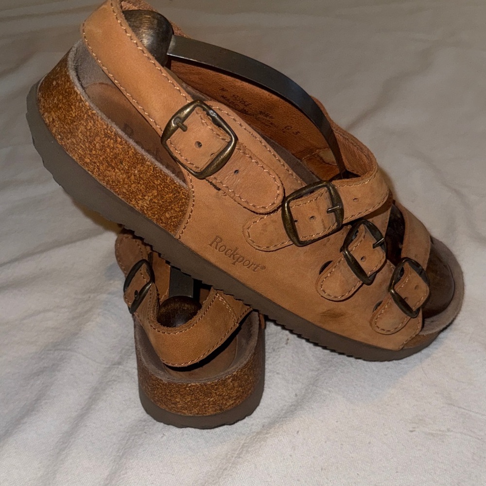 Rockport Womens 9.5  Tan Four Buckles Adjustable Straps Leather Strappy Sandals - Picture 8 of 9